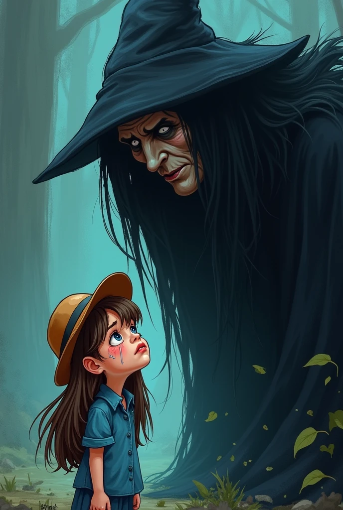 the girl cartoon with long brown hair, round brown hat and blue dress shirt is crying so badly and became small. There is also witch infront of her, not back