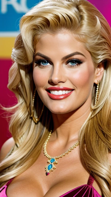 Anna Nicole Smith wearing exotic style clothing with lipstick and smiling