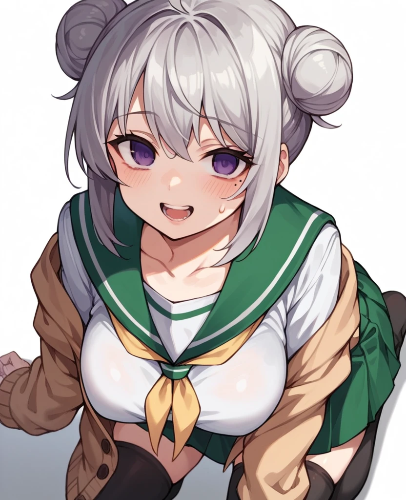 1girl, solo, breasts, looking at viewer, blush, smile, open mouth, bangs, skirt, large breasts, simple background, shirt, thighhighs, long sleeves, white background, school uniform, purple eyes, collarbone, white shirt, ahoge, :d, grey hair, pleated skirt, open clothes, teeth, serafuku, black thighhighs, sailor collar, hair bun, sweatdrop, mole, zettai ryouiki, neckerchief, mole under eye, kneeling, double bun, cardigan, green skirt, empty eyes, yellow neckerchief, open cardigan, green sailor collar