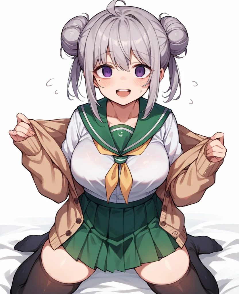 1girl, solo, breasts, looking at viewer, blush, smile, open mouth, bangs, skirt, large breasts, simple background, shirt, thighhighs, long sleeves, white background, school uniform, purple eyes, collarbone, white shirt, ahoge, :d, grey hair, pleated skirt, open clothes, teeth, serafuku, black thighhighs, sailor collar, hair bun, sweatdrop, mole, zettai ryouiki, neckerchief, mole under eye, kneeling, double bun, cardigan, green skirt, empty eyes, yellow neckerchief, open cardigan, green sailor collar