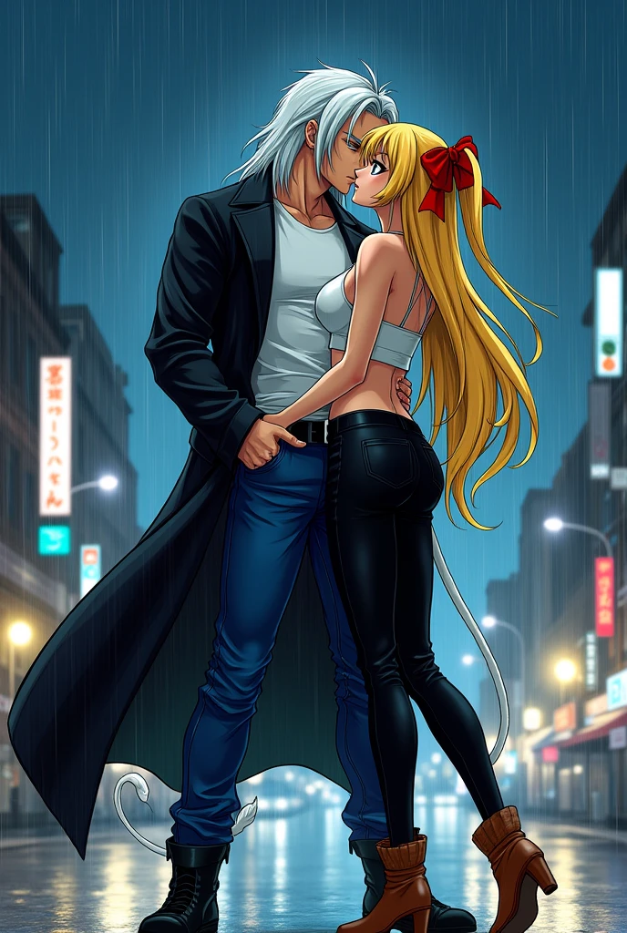 man,long straight white hair,Red eyes,White T-shirt,long black jacket,dark blue jean pants,black boots,white monkey tail,next to a woman with a seductive body,long yellow hair tied with a red ribbon,sky blue eyes,white short sleeveless shirt,black pants stuck to his legs,brown boots kissing passionately in a city in Japan at night in the rain(dragon ball style)