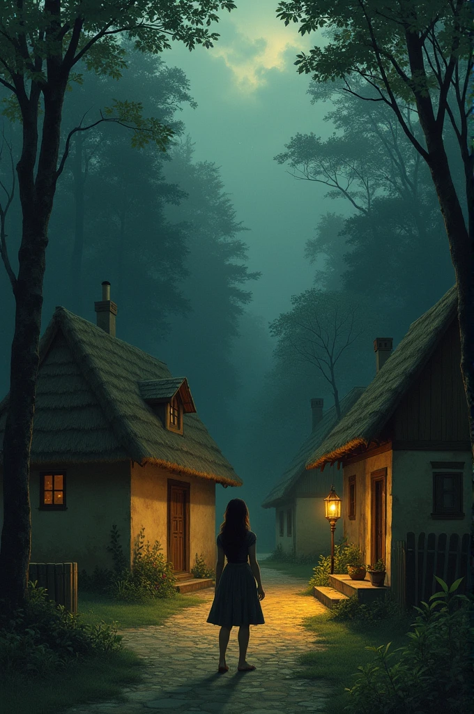 create an image 1: The Village and Isolated Clara Description: A small village surrounded by dense forests, at dusk. The houses are simple and rustic, with thatched roofs. Clara, a beautiful and lonely woman, stands in front of her house, looking at the forest with an expression of concern and fear. The sky is starting to darken, indicating the beginning of night. The feeling of isolation is strong, with Clara being the only visible figure.
