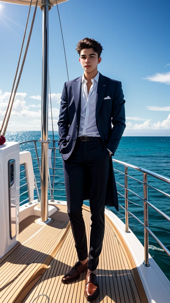 On the expansive deck of a luxurious sailing yacht, half body, portrait of a 22-year-old, the epitome of affluence, stands alone, his gaze fixed on the endless blue horizon. Raised in a world where opulence is the norm, this deck has been his playground, a place where heâs learned the ropes of both sailing and life. Surrounded by the vastness of the ocean, he embodies the carefree yet calculated demeanor of those born into wealth. His solitude on the deck speaks volumes about the life of an attractive rich kid â a life filled with privilege yet marked by moments of introspective solitude, where the immensity of the sea meets the grandeur of his upbringing.