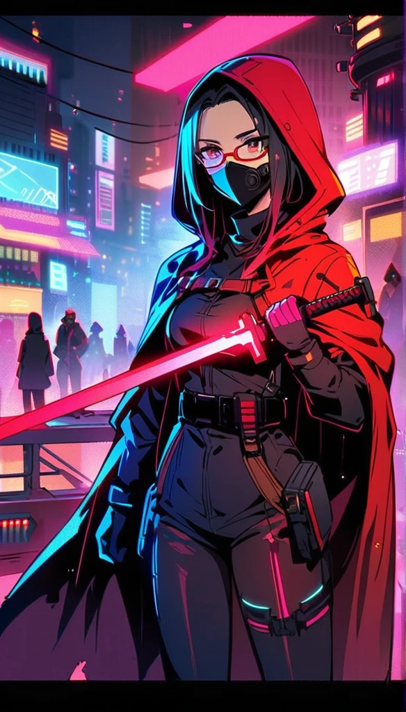 （Highest quality），Cyberpunk Female Ninja，(Face masks)，Stylish detailed clothing，Beautifully detailed face，Glasses，Neon-lit cityscape，Dystopian metropolis，Holographic Projection，Invisible City，High Tech Weapons，Futuristic Gadgets，Stylish Cyber Enhancement，A sharp, glowing red sword，Red and black leather tights，Red hooded tactical cape，Night Vision Control Eye，Shadows and reflections，There are tall skyscrapers，Heavy rain and humid alleys，Moderate：comics，Studio Lighting，Vibrant colors，Out of focus