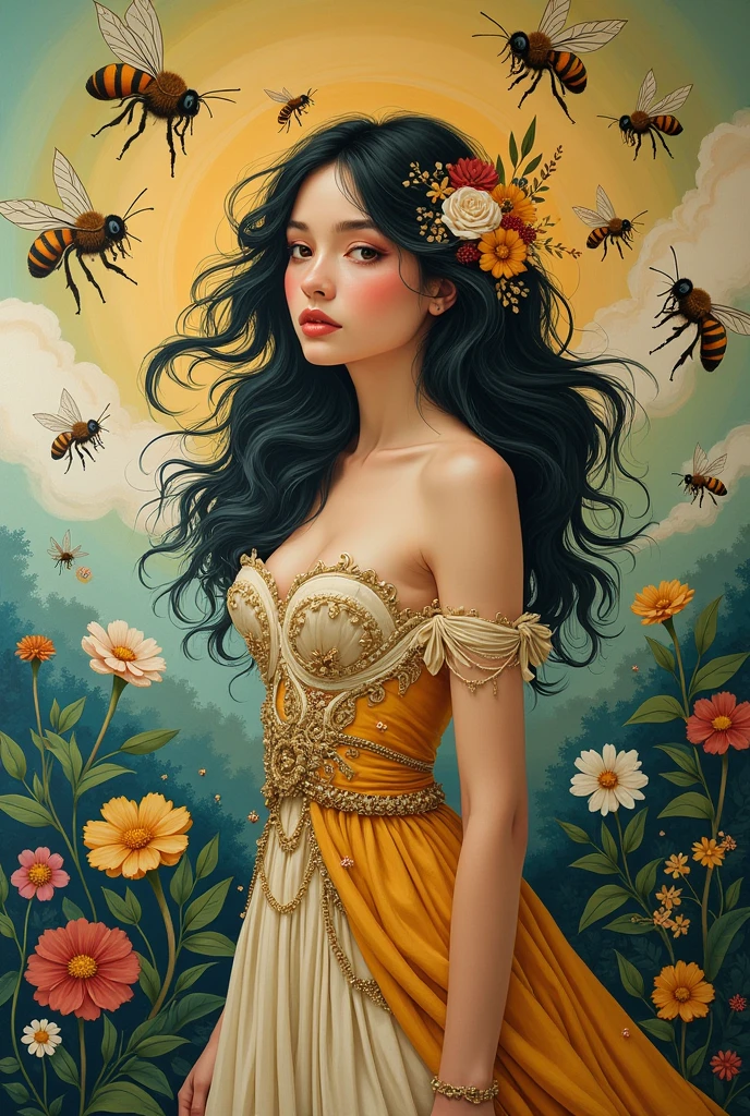 Mural of an illustrated woman with bees 
