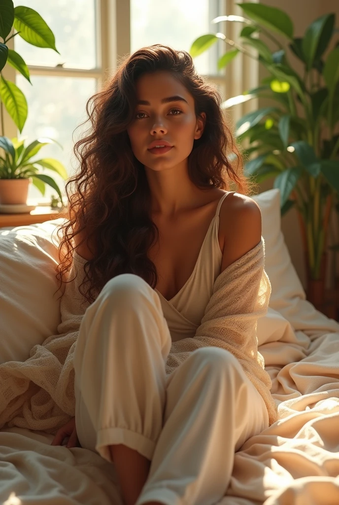 (photorealism:1.2), beautiful woman, sitting on bed, wearing loose off-shoulder top, pajama pants, long curly hair, indoors, soft lighting, plants in background, window with sunlight, cozy room, relaxed pose, realistic, intricate details, warm colors, by Greg Rutkowski, by Alphonse Mucha