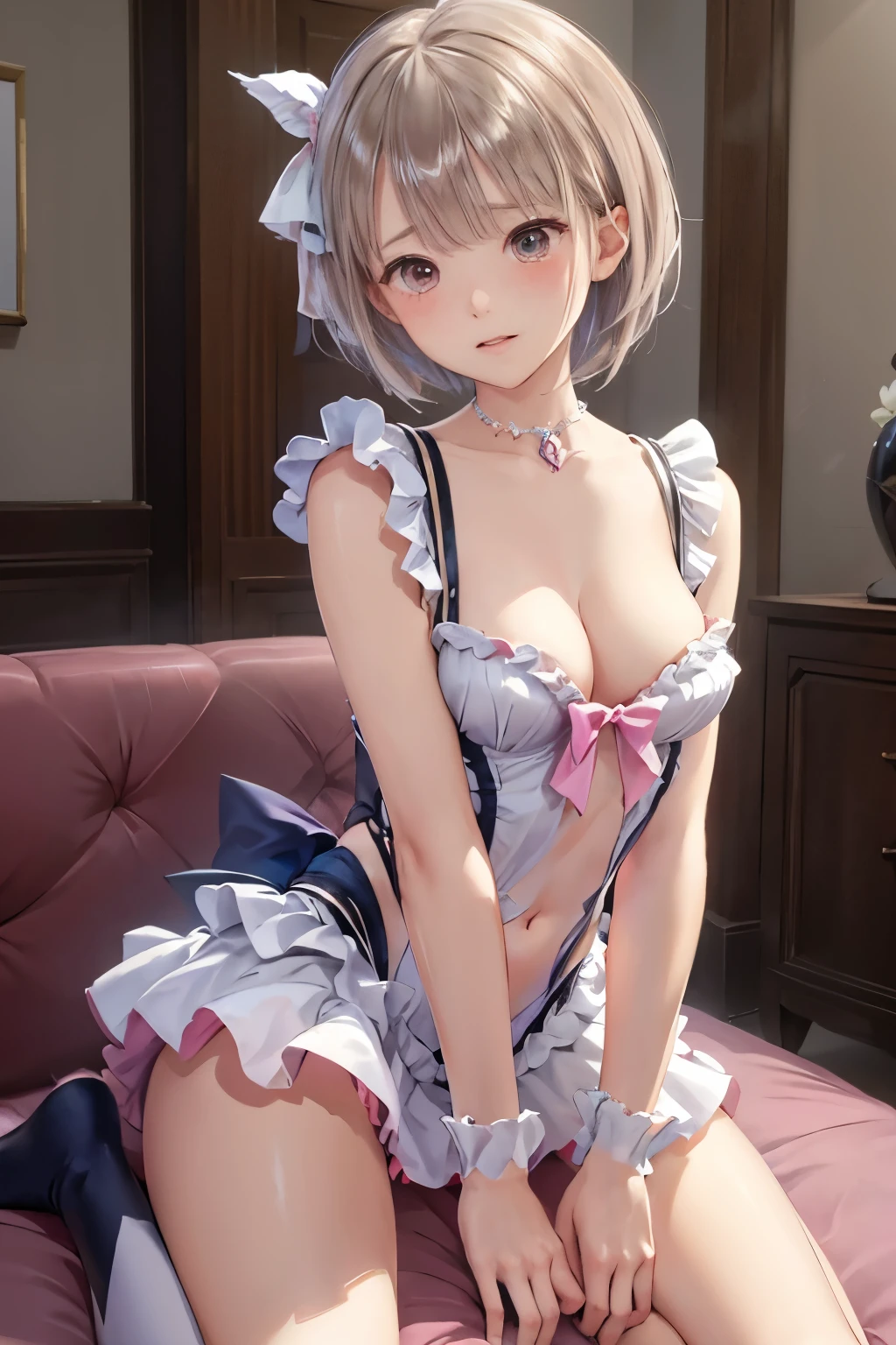 （（（ＳＦＷ、sound、Highest quality、first class、masterpiece、Normal body、8k、Detailed face、Ultra-precision、Normal hand、通常のrefer to、５refer to、Highest）））、beautiful girl、Silver Hair、Odd Eye（（Emerald、brown））、Shortcuts、Bobcut、Small breasts、High leg leotard、Colorful frill mini skirt、Bright ribbon on the right side of the head、Frill ribbon on chest、Large frill ribbon on the back、Shirai Hinako - Blue Reflection、Transform、Magical girl、blush、Inject an aphrodisiac、Estrus、Feeling embarrassed、Open your mouth、first round、２people（Hinako and the man）、Couple、be with a man、Being hugged from behind by a man、A man is groping her breasts、Hotel、A man is sitting on the sofa with Hinako sitting on his lap.