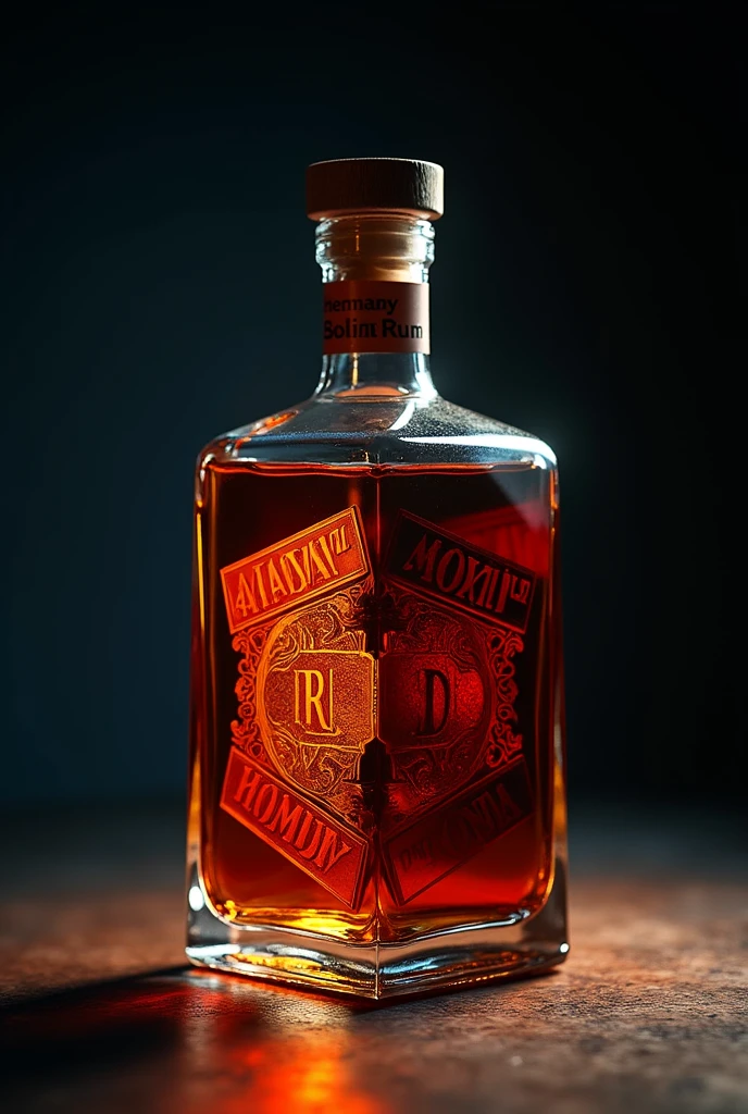 An image of a bottle of rum cut in half