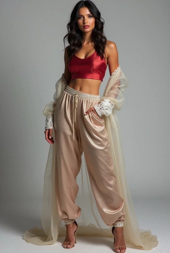 ultra-detailed reference image of the highest quality, gray background, front shot, arab-indian woman as beautiful as the miss universe,  
She's wearing a metallic crimson satin indian sari top, 
She's wearing a translucent light iridescent jodhpurs harem pants,
She's wearing a sparkling seethrough golden lamé see-through floor-length golden lamé skirt, 
She's wearing a shimmering light gray silk open robe over her clothes, She's wearing open-toe high heeled sandals, 
She's wearing intricate sheer white lace bridal gauntlets.