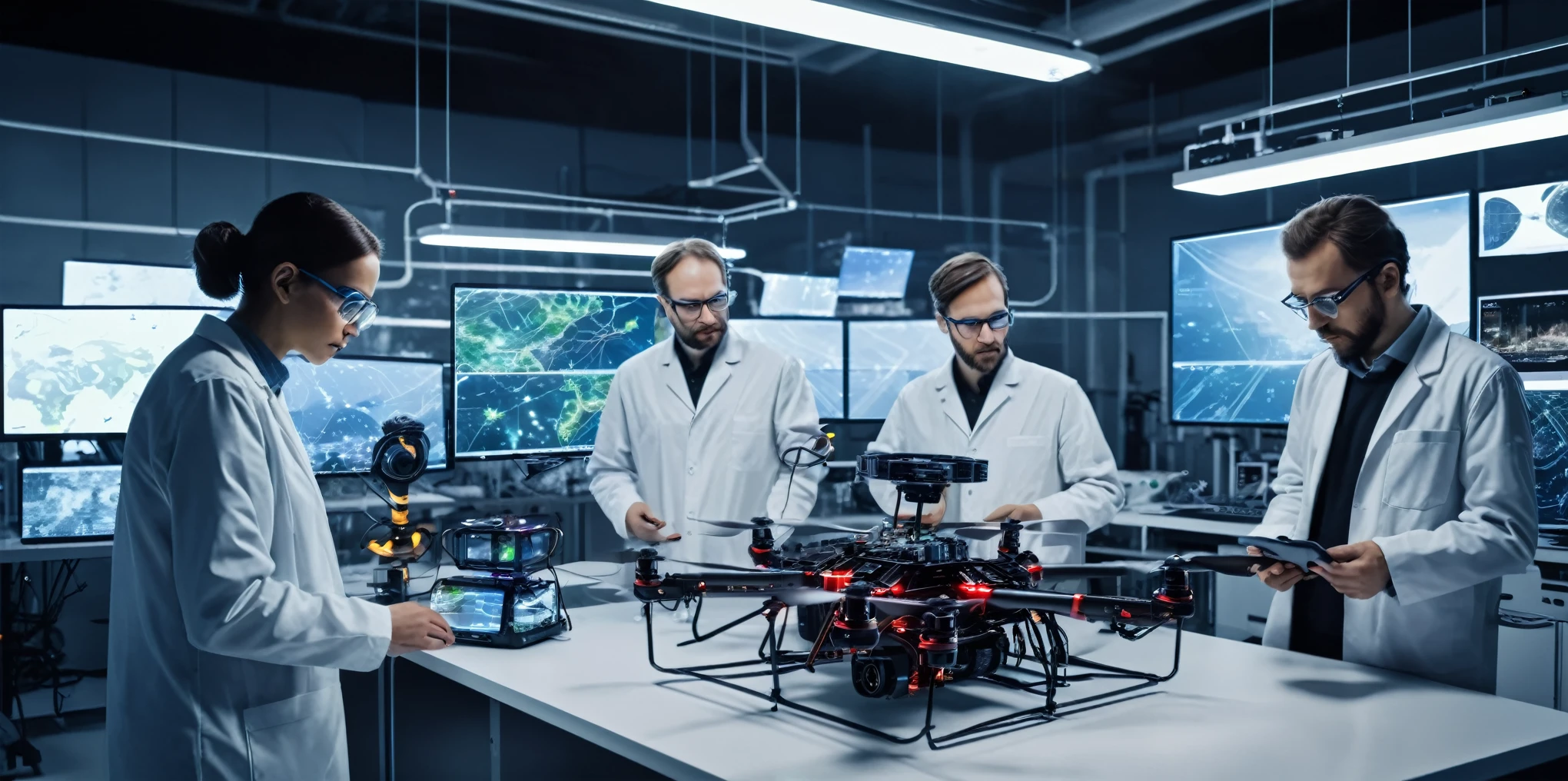 a team of three scientists in a high-tech laboratory, operating advanced drones and robots, developing plans to control urban pests, extremely detailed, cinematic lighting, dramatic atmosphere, 8k, photorealistic, masterpiece