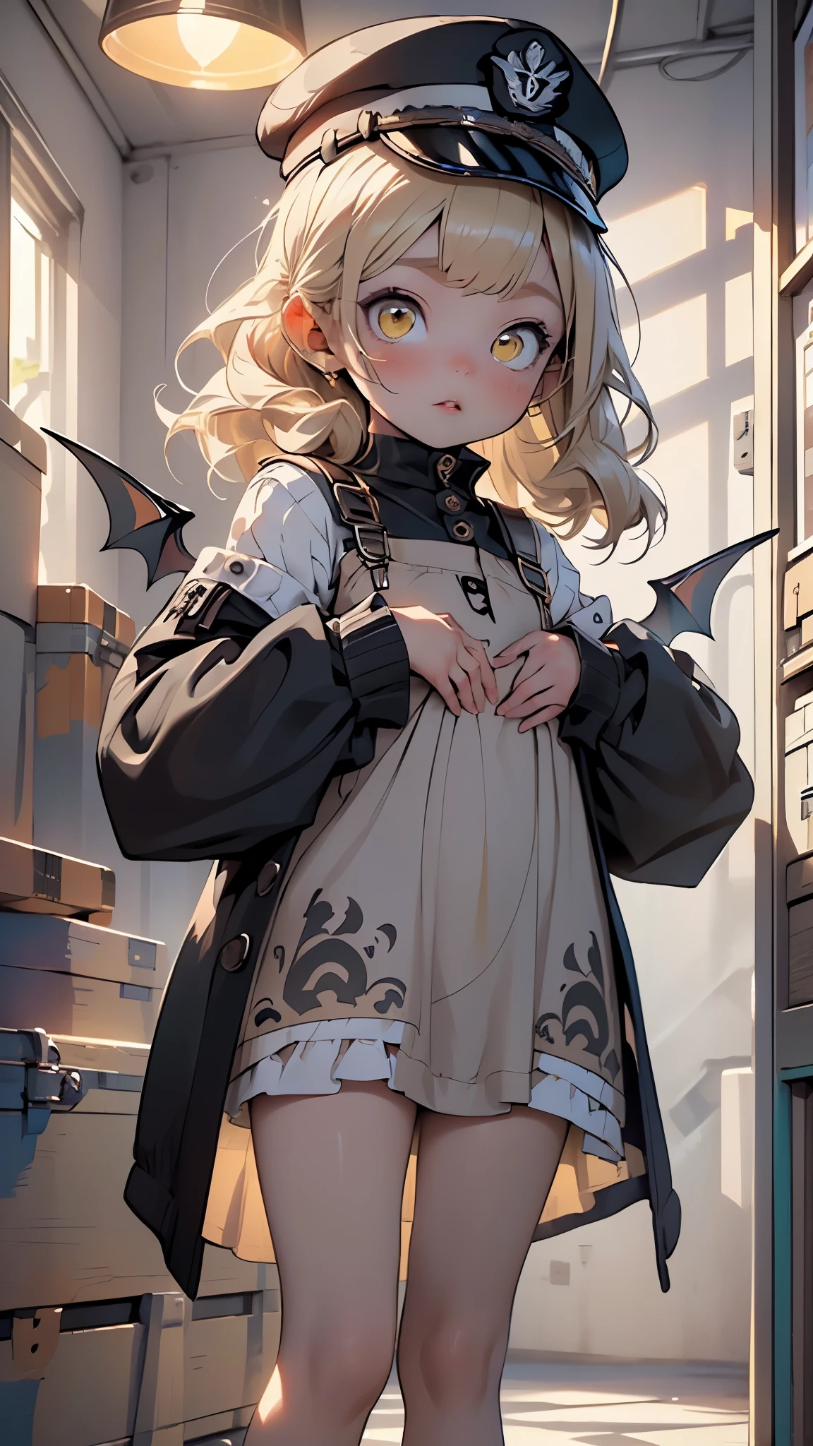 (((1 toddler:1.4))), (baby face), (round face), (little chest), (blonde hair,long hair), (((yellow_eyes:1.3))),(beautiful big eyes:1.3), intricate eyes,beautiful detailed eyes,symmetrical eyes,big eyes:1.5, extremely detailed cute anime face, clear pale blush, solo,🦄,🌈,kawaii,(((lustrous skin:1.5,tanned skin,bright skin: 1.5,skin tanned,shiny skin,very shiny skin,shiny body))),((nsfw)),((little loli,chibi))),((small tiny body)),,((((6 years old)))),((flat chest)),short stature,((demon horns,black horns)),((demon wings,black wings,low wings,)),
cute,((nsfw)),
((red armband)), ((sleeves past fingers:1.5,black coat, oversized coat:1.5,military coat,sleeves past wrists:1.5)), ((peaked cap:1.5)), ((pinafore dress:1.5,gray dress:1.5)), ((bare legs)),((bloomers,white bloomers)),(golden chain), ((yellow halo)), ((red ribbon)),((sidelocks)),
(flirtatious pose:1.3), looking at viewer,embarrassed,centered,scale to fit dimensions,Rule of thirds,
indoor((Nazi bunker,room, dark bunker, swastika,depths of a steampunk bunker)),scenery:1.25,((intricate scenery)),
(Glossy steampunk ornaments),highres,sharp focus,(ultra detailed,extremely detailed),(photorealistic artwork:1.37),(extremely detailed CG unity 8k wallpaper),(((vibrant colors,vibrant theme))),(intricate),(masterpiece),(best quality),artistic photography,(photography taken by sldr),(intricate background),perfect rendered face,perfect face details,realistic face,photo realistic,((intricate detail)),(((realism))),