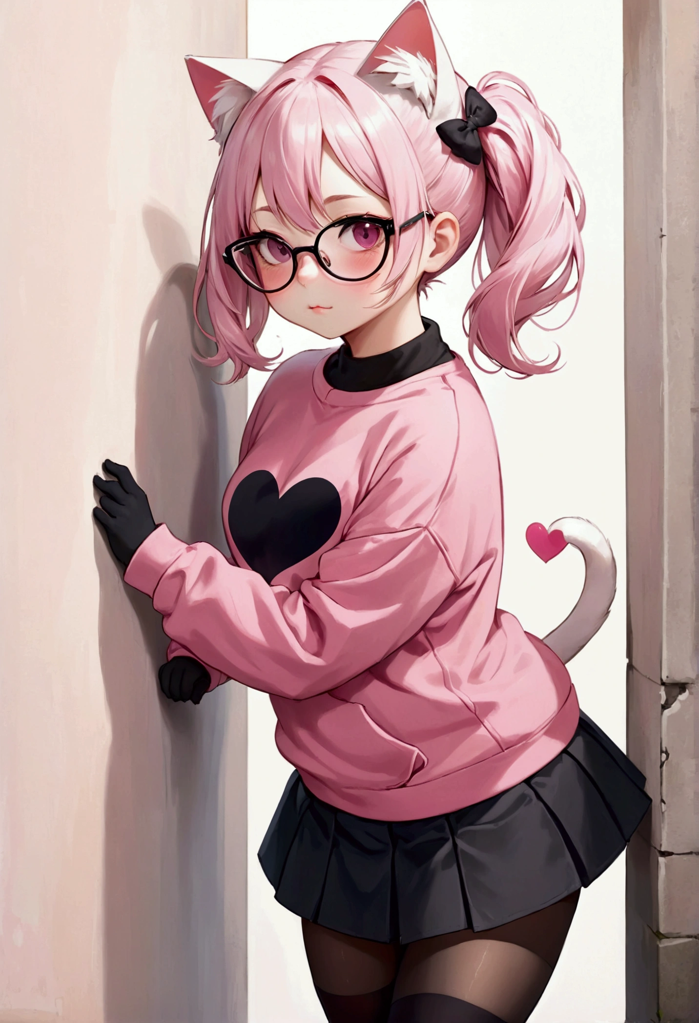 I have white pink hair, cat ears, a bun, my face is super blushing, black glasses, pink heart eyes, a big pink sweatshirt, a black skirt, black stockings, white shoes, a cat&#39;s tail, a girl. very shy that she is glued to a wall with her butt
