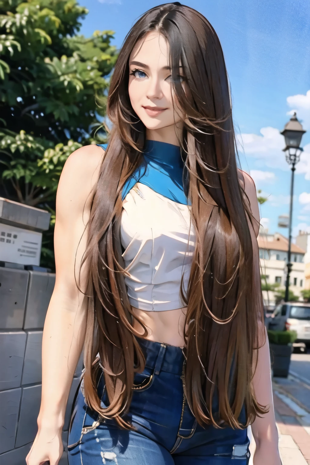 a one woman, (Super Long Hair), Muscular Female , smiling, posse sexy, fitness clothes