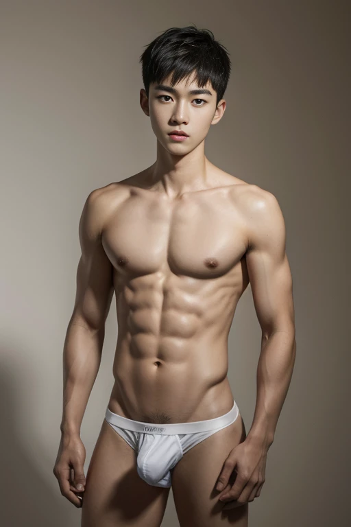 Handsome skinny slender shirtless Chinese guy. Wearing micro thong with big bulge,