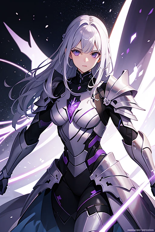 Knight with purple armor and white aura, cutting edge technology. With improved graphics