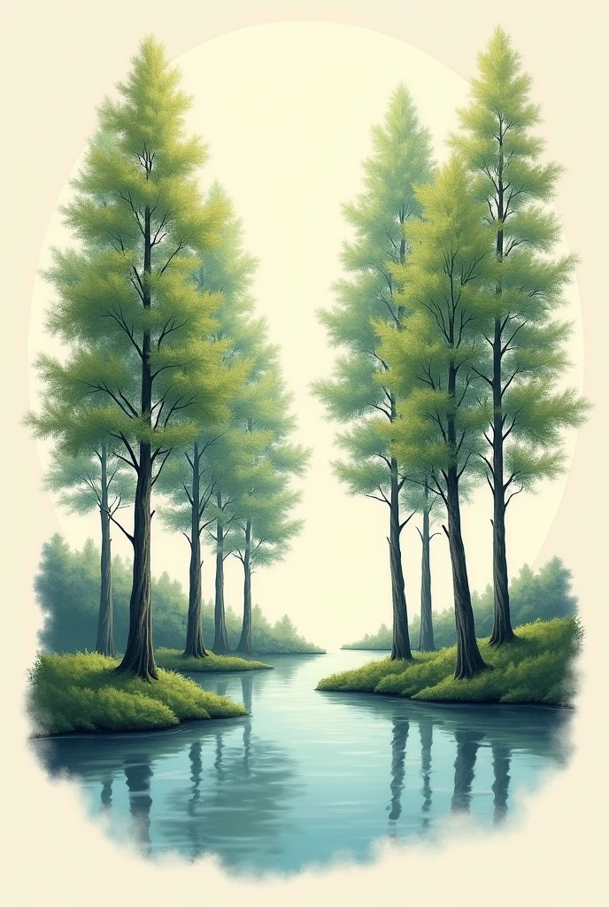 Create a 10cm tattoo of a forest of 10 poplars, sky and water
