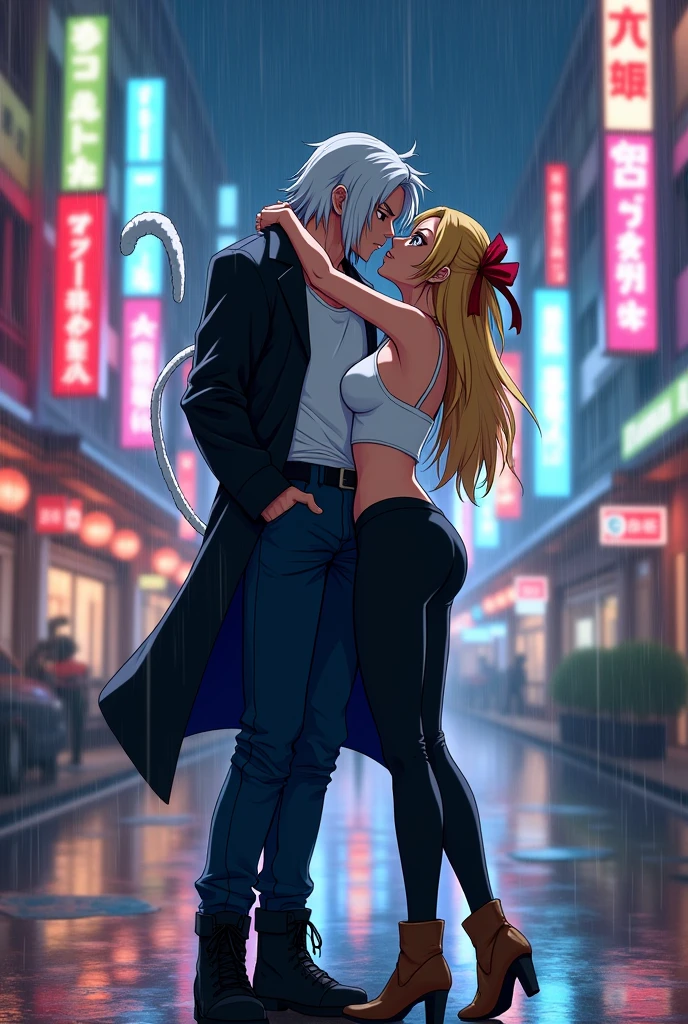 man,long straight white hair,Red eyes,White T-shirt,long black jacket,dark blue jean pants,black boots,white monkey tail,next to a woman with a seductive body,long yellow hair tied with a red ribbon,sky blue eyes,white short sleeveless shirt,black pants stuck to his legs,brown boots giving him a passionate kiss in a city in Japan at night in the rain(dragon ball style)