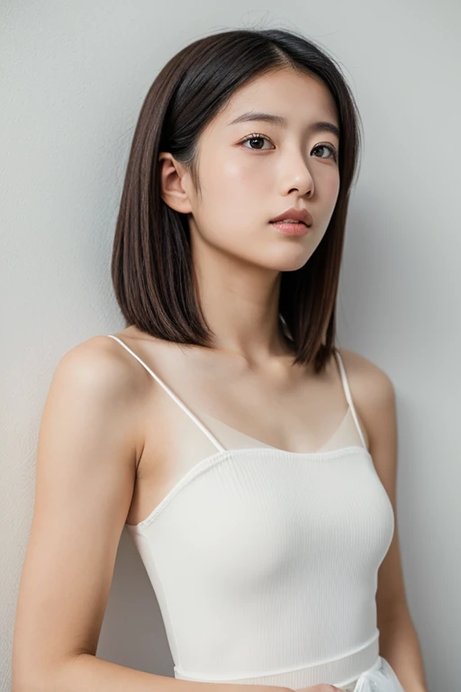 lens: 135mm f1.8,(Highest quality), (Beautiful 14 year old Japanese girl),  (Moisturized lips), Narrow eyes, double eyelid,Delicate clavicle,Flat Chest,Very short hair,
 (Let me me me me&#39;Let me me me&#39;Let me me&#39;Let me&#39;Let&#39;s take another look),  shame, A faint smile,
(In front of a white wall:1.2), Professional Lighting, 
(Japanese 、Layered tulle tank top), (Sunburned skin:0.2),Full body photo、Full Body Focus