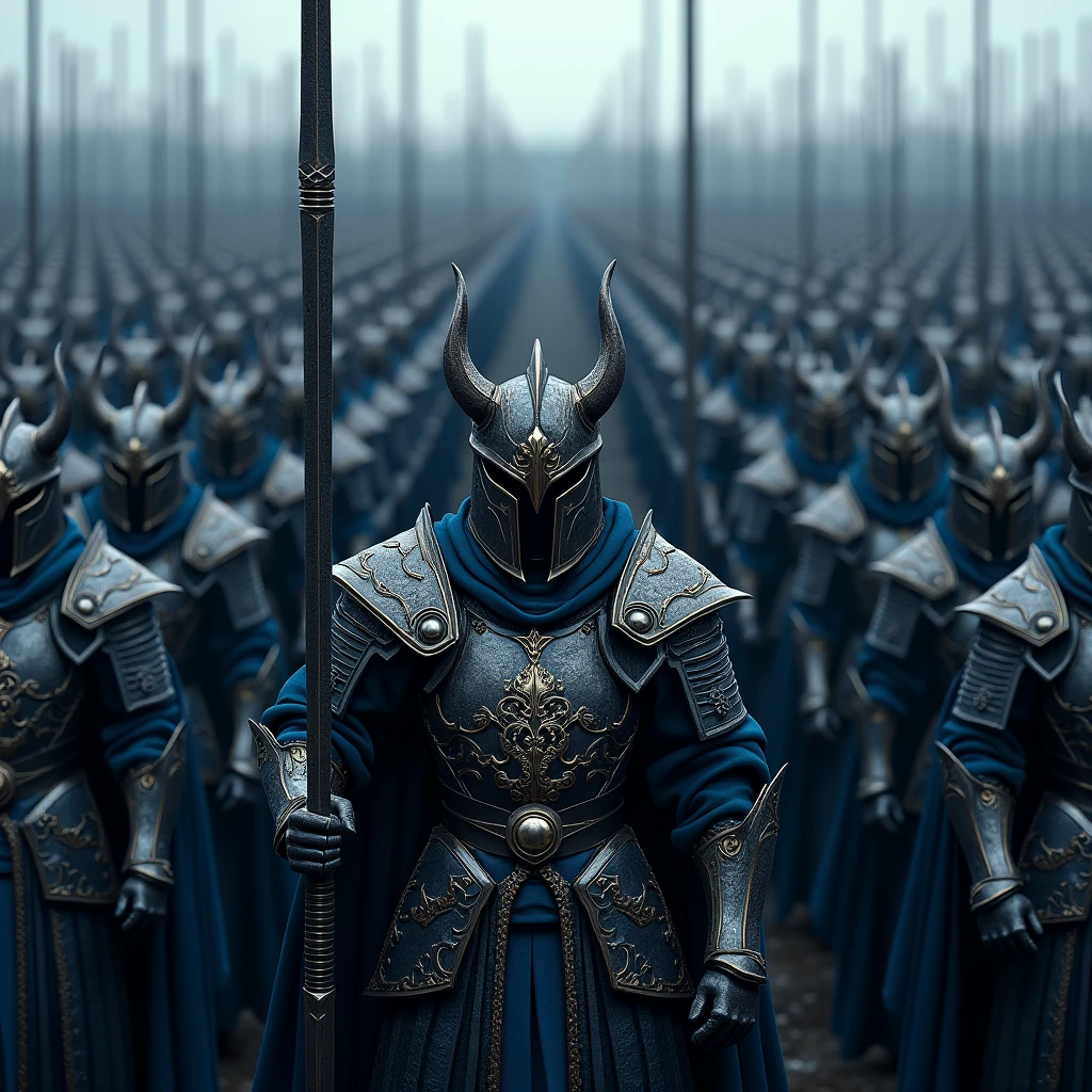 Imperial Army, thousands of warriors with swords, His armor is very ornate and (Black color with blue tones). instill fear, All helmets have infernal shape