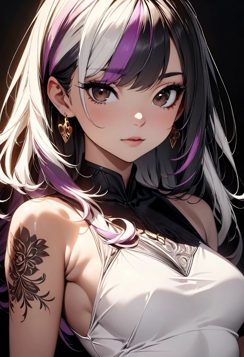 (highest quality:1.2, Very detailed, up to date, Vibrant, Ultra-high resolution, High Contrast, masterpiece:1.2, highest quality, Best aesthetics), Portraiture、girl、((25-years-old:1)), long hair、black and purple ((streaked hair:1.6)), highlights hair: 1.5, brown eyes, gold earrings, ((slim body:1.4)), (small breast:0.7), (dark skin:0.7)), black Cheongsam, Beautiful fine details、Bright colors、Beautiful lip detail, standing, (Floral Fineline tattoo design on left arm:1), ((Plain black background:1.6)), lineart, ((monochrome:1.7)), (cowboy shot), clean line drawings,