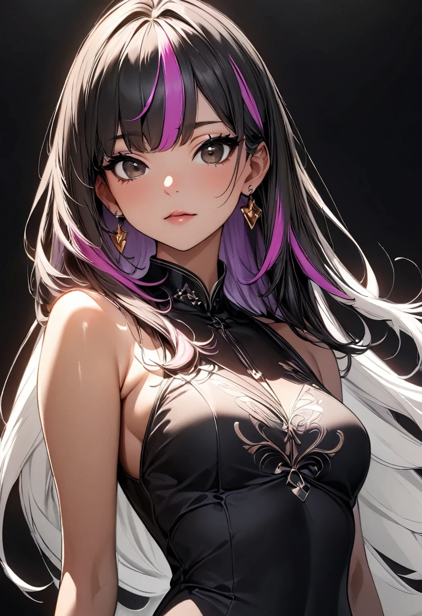 (highest quality:1.2, Very detailed, up to date, Vibrant, Ultra-high resolution, High Contrast, masterpiece:1.2, highest quality, Best aesthetics), Portraiture、girl、((25-years-old:1)), long hair、black and purple ((streaked hair:1.6)), highlights hair: 1.5, brown eyes, gold earrings, ((slim body:1.4)), (small breast:0.7), (dark skin:0.7)), black Cheongsam, Beautiful fine details、Bright colors、Beautiful lip detail, standing, (Floral Fineline tattoo design on left arm:1), ((Plain black background:1.6)), lineart, ((monochrome:1.7)), (cowboy shot), clean line drawings,