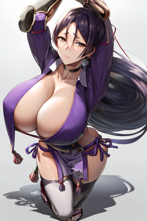 masterpiece, best quality, beautiful art, high resolution, well formed hands, body and fingers, 1 woman, solo, Minamoto no raikou, 31 years old, hair ornament,  adult, grown up, big breasted, cleavage,  full body, braided long hair, blue_japanese_clothes, wearing DOA Kasumi's blue kunoichi dress, sexy and skimpy japanese clothes, kimono peek, sleeveless, panties peek, white stockings, gorgeous legs and thighs,ryona , in peril, she is being beaten up by her opponent, she is knocked down and she is slapped in the face , she is pushed against the wall,  being humiliated by her opponent, receiving the impact of her opponent's attacks, she is dizzy and exhausted, looking at the viewer with anxiety and fear, being at the edge of defeat, heroine in peril, ryona and perilous scene, bouncing breasts, weak and helpless, martial arts tournament on the beach                             