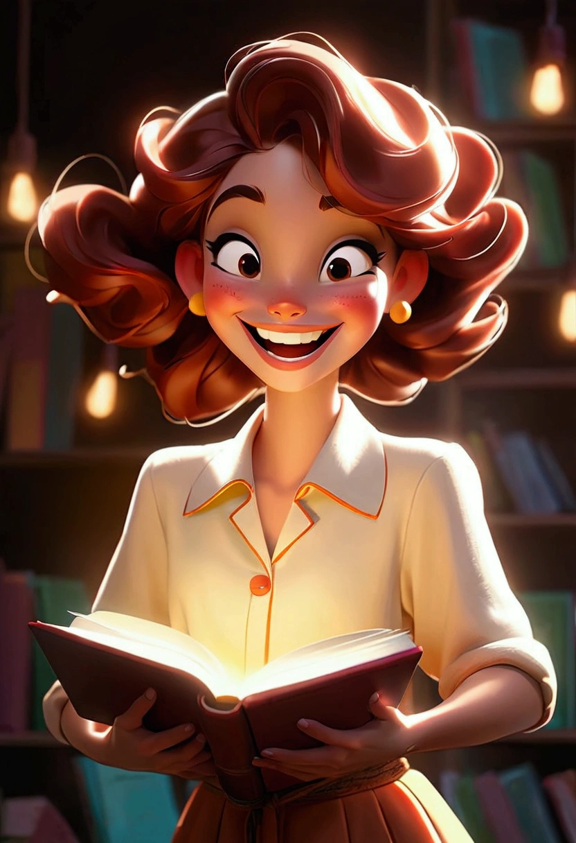 A happy woman, happy and smiling holding a bright books
