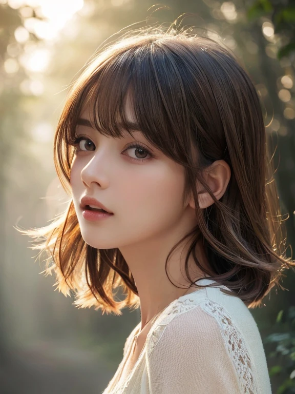 masterpiece, highest quality, High resolution, wallpaper, realistic, (bright lighting:1.4), professional lighting, face light, smooth lighting, dramatic angle, 1 girl, Close-up, cute, sleepy, open mouth to say something, shy, Beautiful girl, gravure, sexy, super beautiful, beautiful skin, beautiful and detailed eyes、detailed face、slim、moderately, pixie cut, hair blown by the wind, brunette colored hair, brown eyes, Professional Photography, Bokeh, Portrait, The morning sunlight shines through the misty forest path.