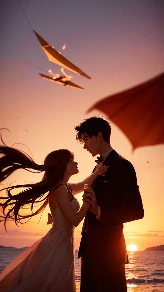 Prompt Title: The Fateful Story of Titanic
Scene 2: Romantic Moment
Setting: The bow of the Titanic at sunset, with the ship cutting through calm waters.
Characters: Jack and Rose standing at the very front of the ship, arms outstretched as if flying, with Jack standing behind Rose, holding her gently. Both characters are smiling, their hair and clothes slightly tousled by the wind.
Background: The sky ablaze with hues of orange, pink, and purple as the sun sets over the ocean, casting a warm glow over the scene.