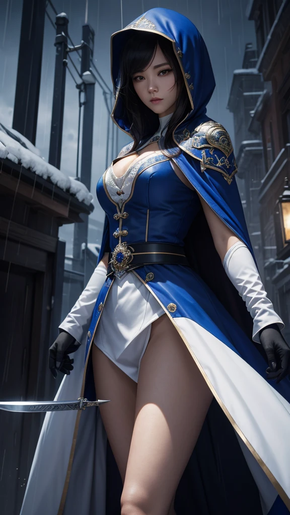 South korea assassin women mystery hooded on with modern royal Blue coat with buttons and royal Blue cape and very high white heel over the knee and white gloves, As she reveals a small secret hidden blade, adding to the character’s mysterious and agile appearance, with small movements of air on the cape, in summer at night under the rain, with buildings featuring curved eaves and detailed architecture. The scene is set at night, she slit a person's throat , intricate detail, ultra detail, incredible detail, intricate detail, extremely detailed and intricate, super max, masterpiece, best quality, HDR, UHD, unreal engine. , beautiful face, Rich in details High quality, gorgeous, captivating, 8k, super detailed, stunning shadows, detailed lines