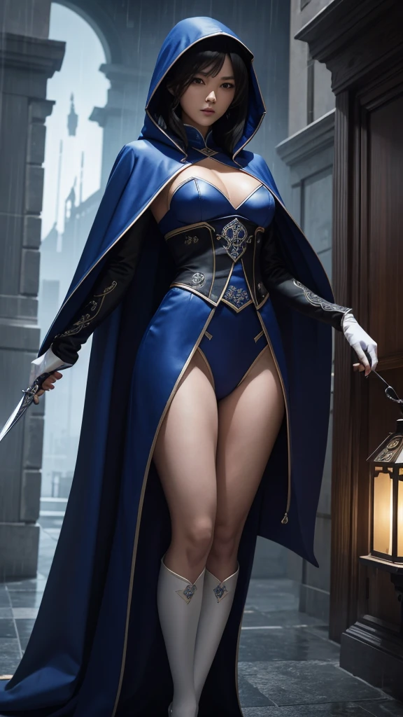South korea assassin women mystery hooded on with modern royal Blue coat with buttons and royal Blue cape and very high white heel over the knee and white gloves, As she reveals a small secret hidden blade, adding to the character’s mysterious and agile appearance, with small movements of air on the cape, in summer at night under the rain, with buildings featuring curved eaves and detailed architecture. The scene is set at night, she slit a person's throat , intricate detail, ultra detail, incredible detail, intricate detail, extremely detailed and intricate, super max, masterpiece, best quality, HDR, UHD, unreal engine. , beautiful face, Rich in details High quality, gorgeous, captivating, 8k, super detailed, stunning shadows, detailed lines