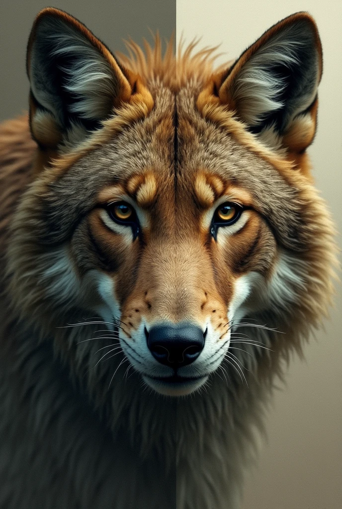 Create a face of a man divided with that of an animal