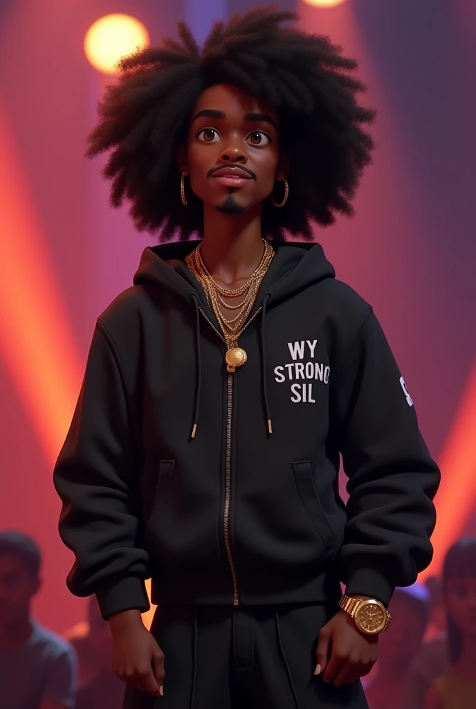 Disney Pixar (YOUNG BLACK MAN WITH LONG, CURLY BLACK HAIR) He's on stage singing, in a big show with a big crowd, in a black sports jacket with Wy Strong Sil writing, Wide black pants, black sneakers, many gold threads around the neck, gold watch on wrist, ( It doesn't change the appearance of the face and the hair is already perfect) pixar, cool and stylish