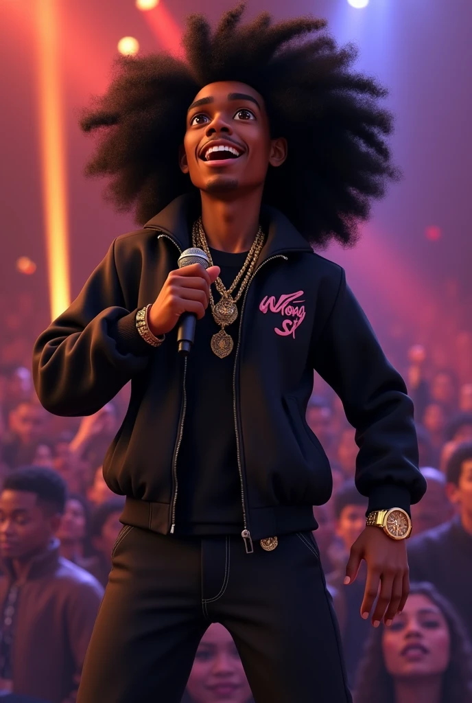 Disney Pixar (YOUNG BLACK MAN WITH LONG, CURLY BLACK HAIR) He's on stage singing, in a big show with a big crowd, in a black sports jacket with Wy Strong Sil writing, Wide black pants, black sneakers, many gold threads around the neck, gold watch on wrist, ( It doesn't change the appearance of the face and the hair is already perfect) pixar, cool and stylish