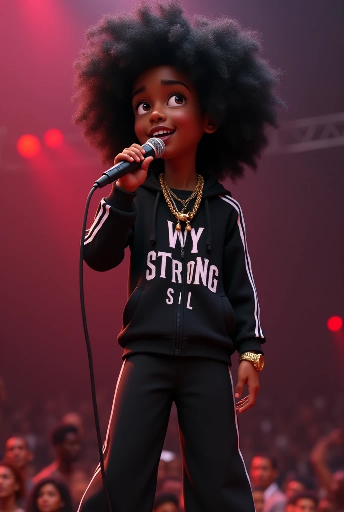 Disney Pixar (YOUNG BLACK MAN WITH LONG, CURLY BLACK HAIR) He's on stage singing, in a big show with a big crowd, in a black sports jacket with Wy Strong Sil writing, Wide black pants, black sneakers, many gold threads around the neck, gold watch on wrist, ( It doesn't change the appearance of the face and the hair is already perfect) pixar, cool and stylish