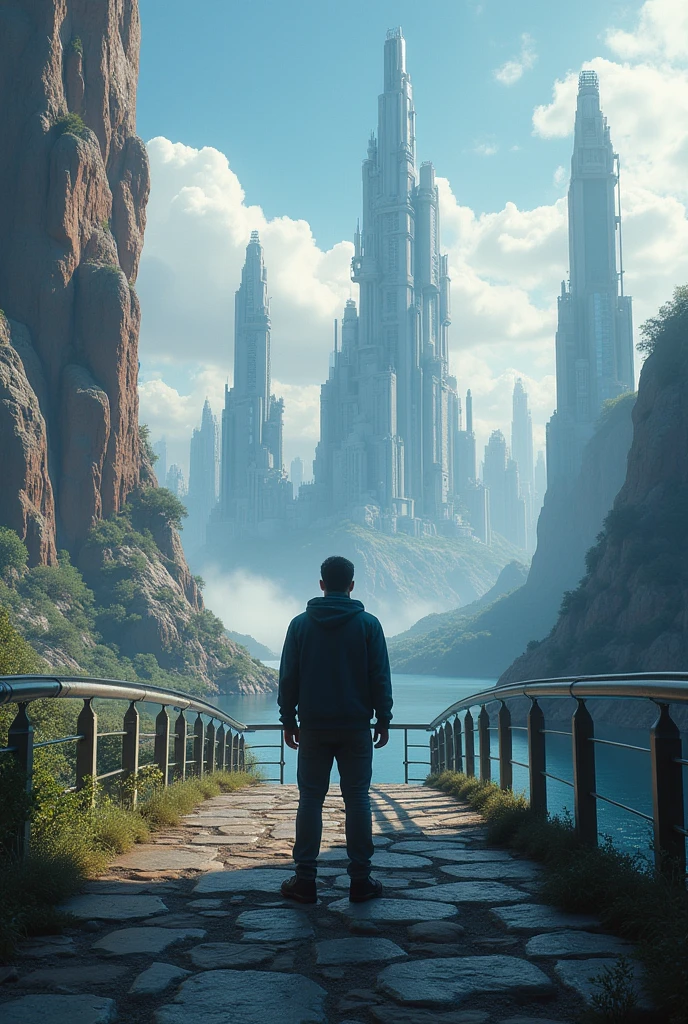 (8k unit wallpaper CG extremely detailed, masterpiece, best quality, ultra-detailed), (((solo)))), ((extremely wide shot:1.15)), a man on a bridge looking at a scifi city in the distance in the background, ((back view)), ((full body)), (high detail), (intricate details), intricate, magnificent scene, detailed environment, highly detailed environment, illustrator, (masterpiece).