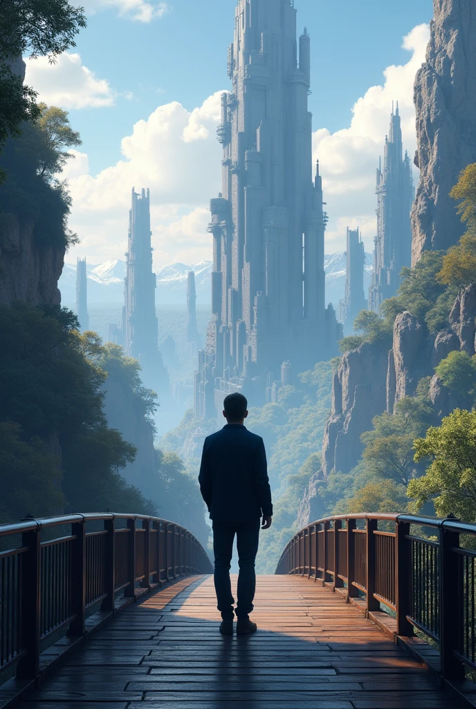 (8k unit wallpaper CG extremely detailed, masterpiece, best quality, ultra-detailed), (((solo)))), ((extremely wide shot:1.15)), a man on a bridge looking at a scifi city in the distance in the background, ((back view)), ((full body)), (high detail), (intricate details), intricate, magnificent scene, detailed environment, highly detailed environment, illustrator, (masterpiece).