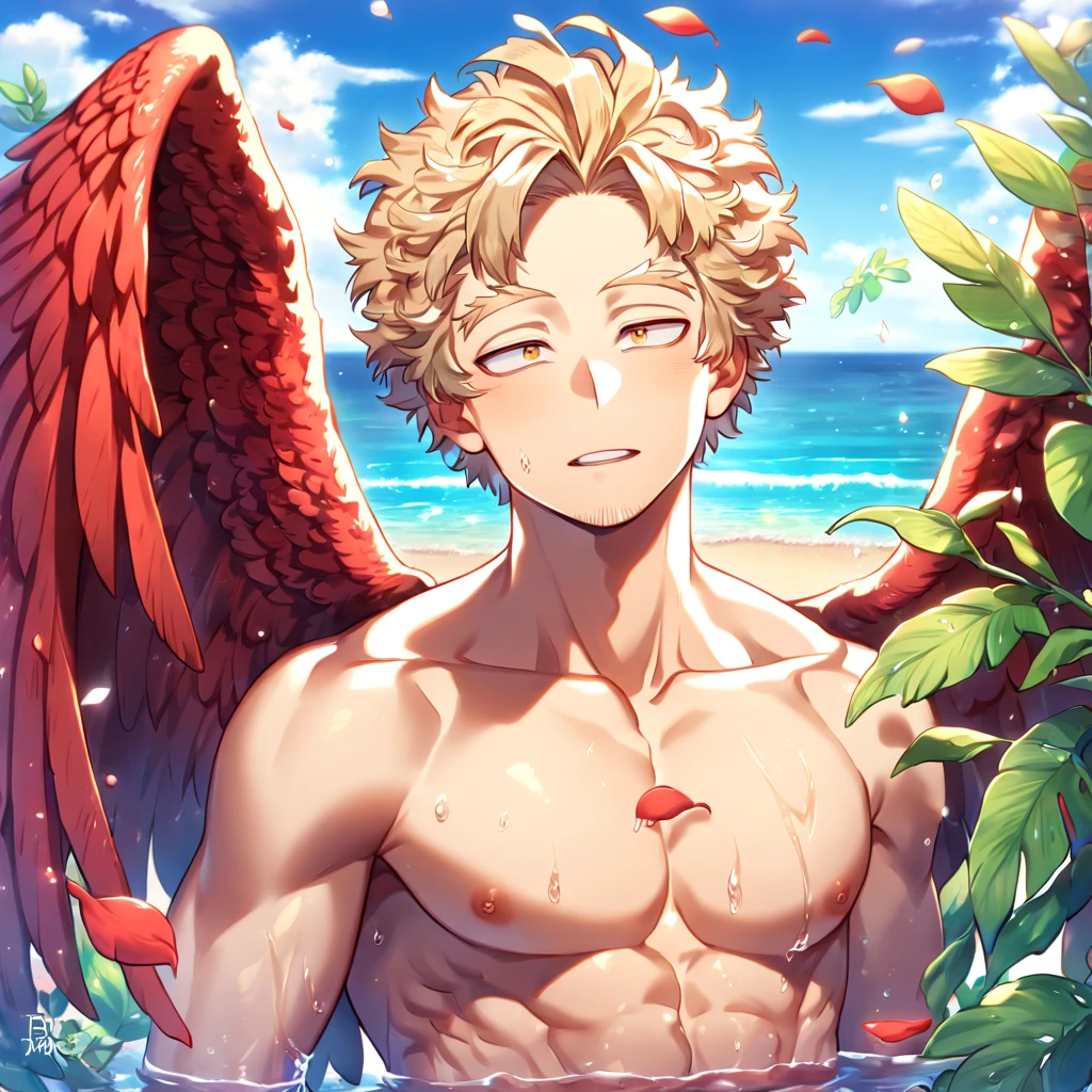 absurdres, highres, ultra detailed, HDR, master piece, Hawks, ash blonde hair, expressive brown-golden eyes, faint stubble, red wings, without shirt, Boku No Hero Academia, toned chest, bare chest, sexy man, handsome, best quality, beach, fantasy, magical, solo, water, sensual, horny, green leaves, flowers, petals, erotic, close up