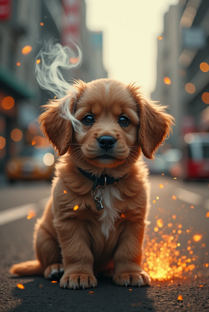 Create a realistic smoking puppy with an exploding city
