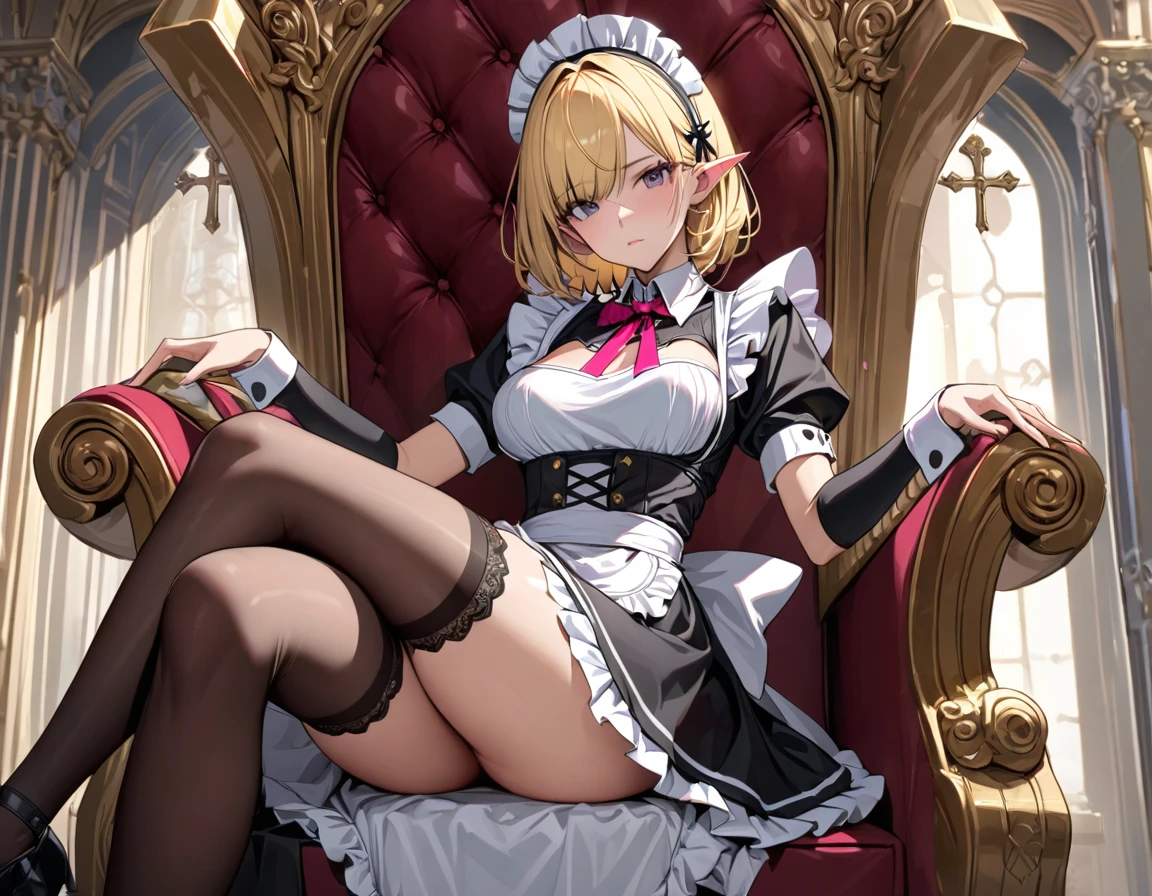  (mastepiece:1.2), detailed fingers, beautiful woman, intricate details, maid headdress, blonde hair, Bob with a Falling Front, Maid Apron, Sitting on the throne, Cross her legs and lean back, Knee-high stockings, her ears are covered by her hair 