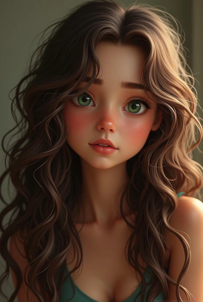 create a tall long wavy brown hair crying and green eyes with her boyfriend going to kiss her he is tall thin brown eyes and brown hair