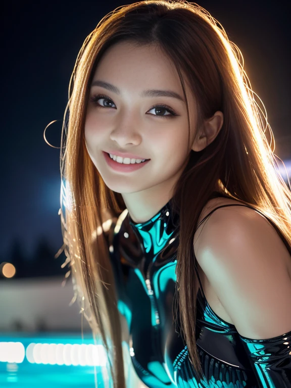 Latex bodysuit、Knee-high boots、Huge 、Long brown hair、Shiny, Oily skin、Glowing Skin、Indoor competition pool、White skin、 Body Portrait, 8k, Narrow and beautiful eyes, Dindal effect, masterpiece, 最high quality, high quality, High resolution, Very detailed photos, (Natural skin texture, Fine skin, Hyperrealism, Ultra Sharpness) , Skin with attention to detail, (Very fine, Fine skin texture, Intricate details, Beautiful Face, (A vivid face), Realistic eyes, Beautiful and detailed, Realistic Skin, Beautiful Skin, surreal, Very detailed, Golden Ratio, Smiling Eyes, ((Night moonlight background)), Body Portrait, glamorous, Shiny Bodysuit