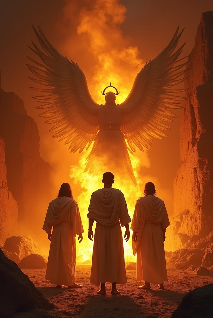 3 men from the bible called Shadrach, Meshach and Abednego inside the fiery furnace in Babylon with an angel of God covering them from being burned