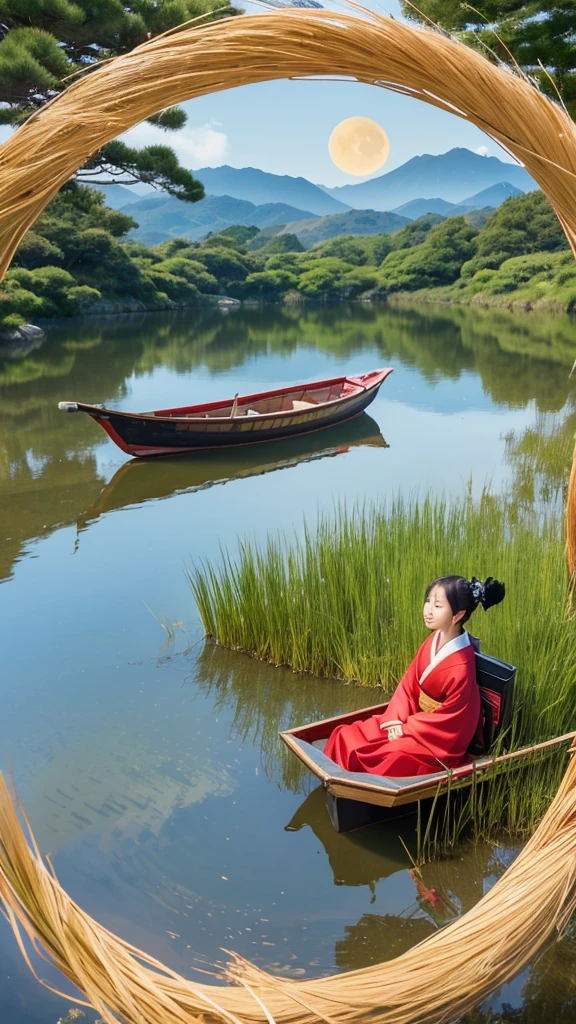 Create realistic photo-realistic traditional Japanese scenes。In the center, a person wearing a red kimono is sitting in a green oval boat.、There are tall reeds growing around。In the background you can see a blue sky and a yellow moon。Overall, please express the tranquil and beautiful atmosphere of traditional Japanese paintings.。