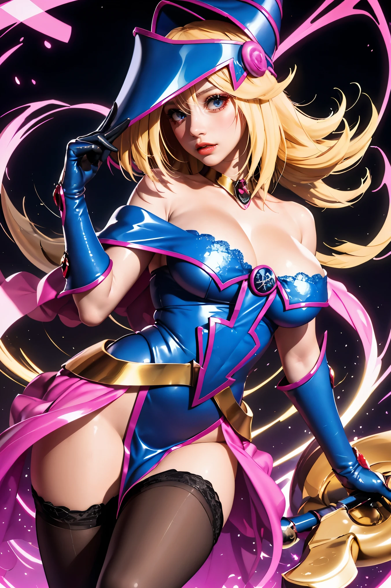 Beautiful dark mage (masterpiece: 1.2, Best Quality), (1, only), Big chest, (dynamic posture), (shiny skin, COughtson skin), COughtson skin, Sez version of the black magician demon girl, Redskin, Thin gloves and lace gloves, ( little demonic horns:1.1), (lilis \(dark stalker\)), (Skysky), Ought, (joya, golden ornaments:1.15 ), pelvis grande, blue (lace pantyhose:1.1) Black Magician Sensitive Demon Girl Version,being realistic ,。.3D,Magical fluctuations,magic matrix
