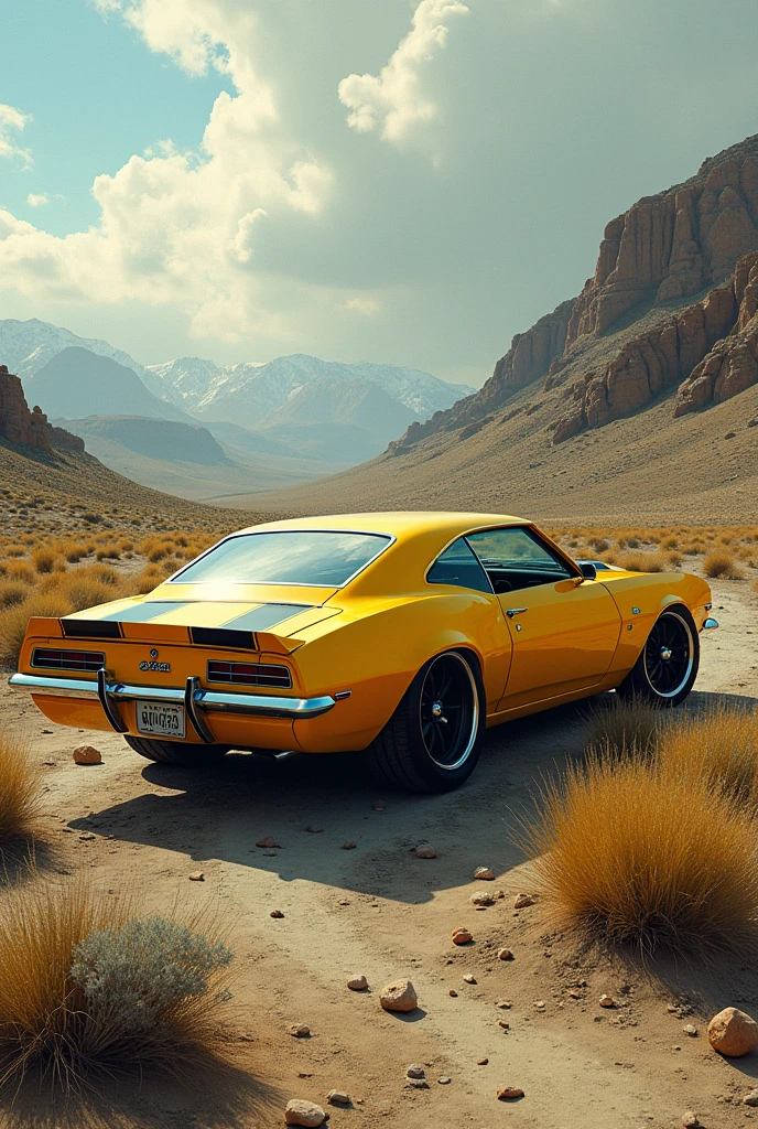 A panel A yellow Camaro car on its side in a landscape In drawing