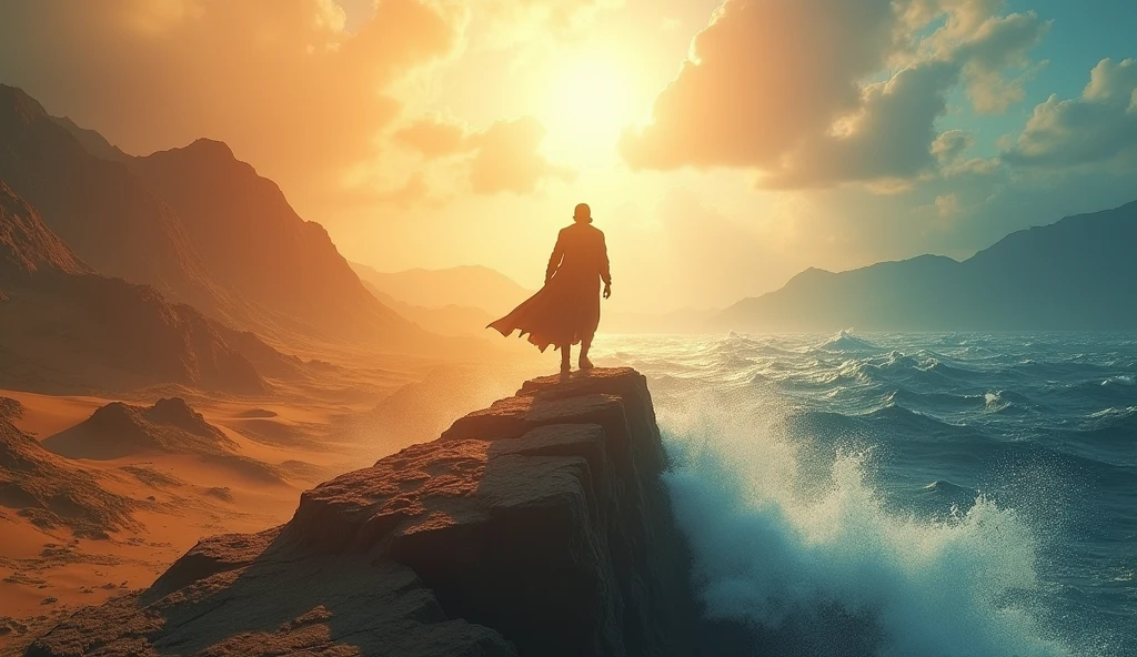 A montage of scenes showing the same figure overcoming different obstacles—climbing mountains, crossing deserts, and navigating stormy seas. Each scene has a consistent feel of struggle but also triumph, with the figure standing tall at the end, bathed in sunlight. The atmosphere is one of resilience and victory. -ar 16:9