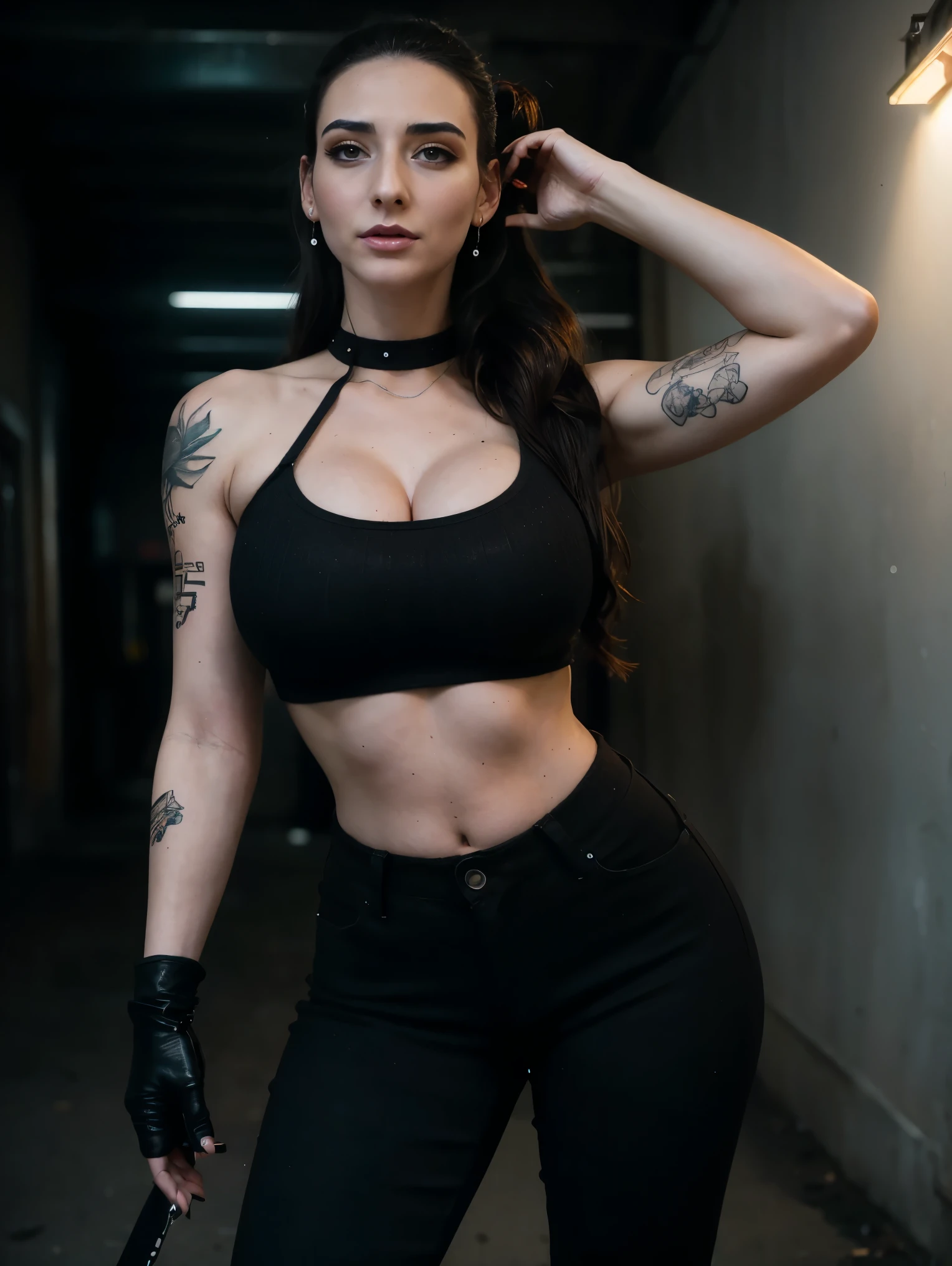 Extremely busty thin and toned brunette death metal girl, strung out, sleepy, fair skin, big hair, huge ponytail, hair pulled back, soft face, athletic, heavy makeup, piercings, crop top, studs, black pants, boots, fingerless gloves. black butterfly tattoos. standing in a dark alley at night. Nighttime. neon lights. Grim. sly, bitter, evil, mean, angry.