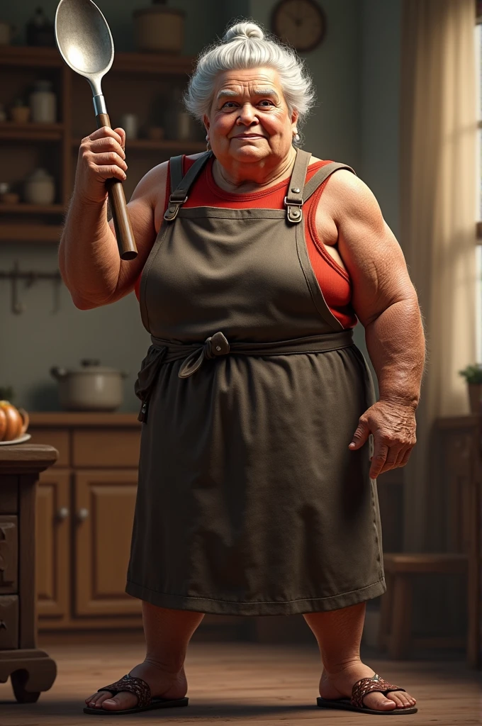 A muscular granny with a spoon in her hand