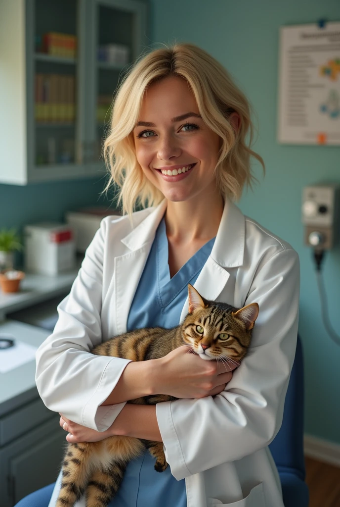 Carly Rae Jepsen as a veterinarian with a cat in her hand